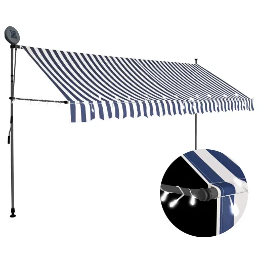 Toldo Retrátil Manual com LED 350 cm Azul e Branco