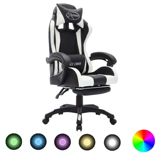 Cadeira Estilo Corrida Luzes LED RGB Couro Artif. Branco/Preto