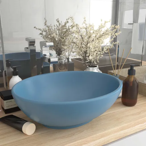 Lavatório Luxuoso Formato Oval 40x33cm Cerâmica Azul-Claro Mate