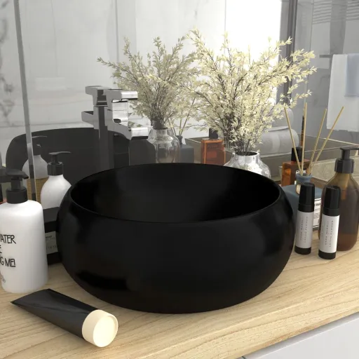Lavatório Luxuoso Redondo 40x15 cm Cerâmica Preto Mate