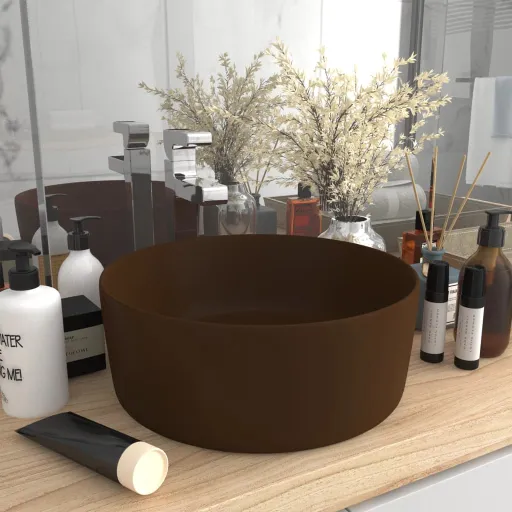 Lavatório Luxuoso Redondo 40x15cm Cerâmica Castanho-Escuro Mate