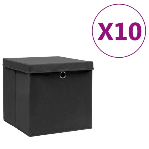 Caixas de Arrumação com Tampas   28x28x28 cm Preto (10 pcs)