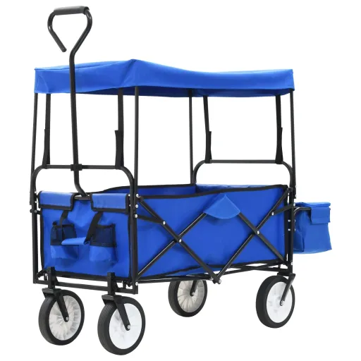 Carrinho de Mão Dobrável com Toldo em Aço Azul