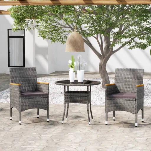 Conjunto de Jantar para Jardim Vime PE Cinzento (3 pcs)