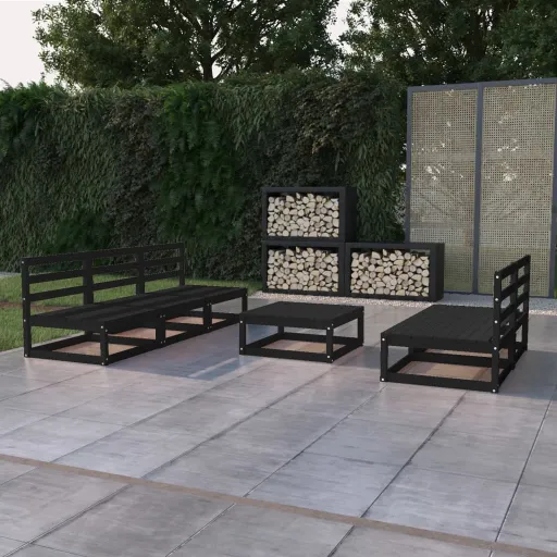 Conjunto Lounge de Jardim Pinho Maciço Preto (6 pcs)