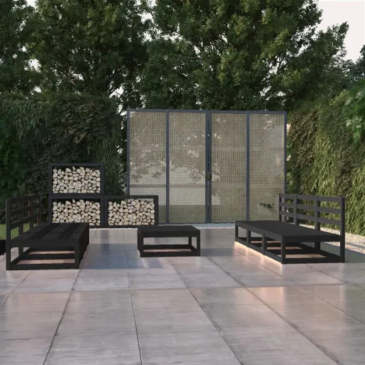 Conjunto Lounge de Jardim Pinho Maciço Preto (7 pcs)
