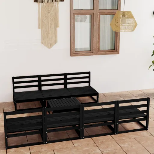 Conjunto Lounge de Jardim Pinho Maciço Preto (8 pcs)