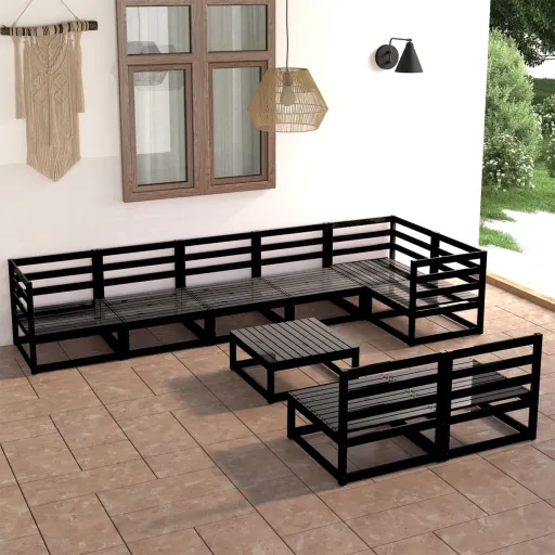 Conjunto Lounge de Jardim Pinho Maciço Preto (9 pcs)