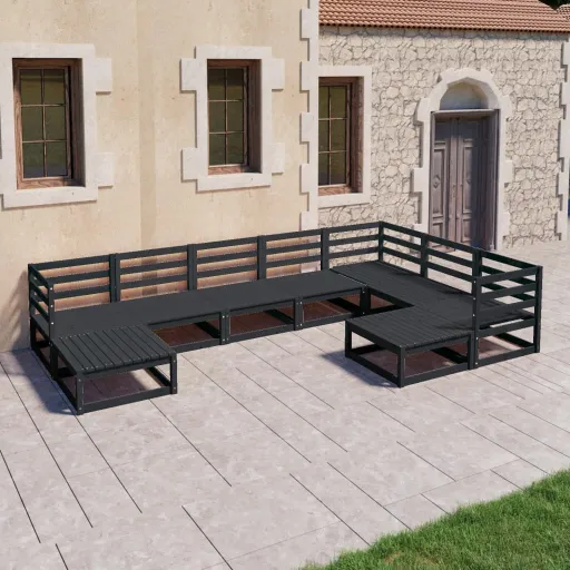 Conjunto Lounge de Jardim Pinho Maciço Preto (9 pcs)
