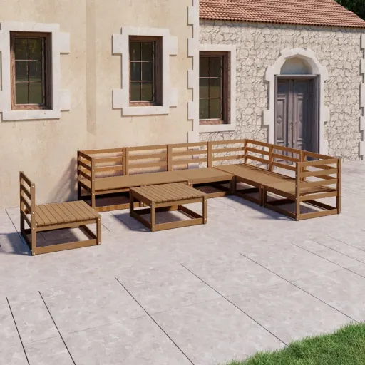 Conjunto Lounge de Jardim Pinho Sólido Castanho Mel (8 pcs)