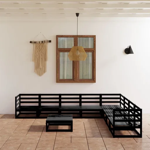 Conjunto Lounge de Jardim Pinho Maciço Preto (9 pcs)