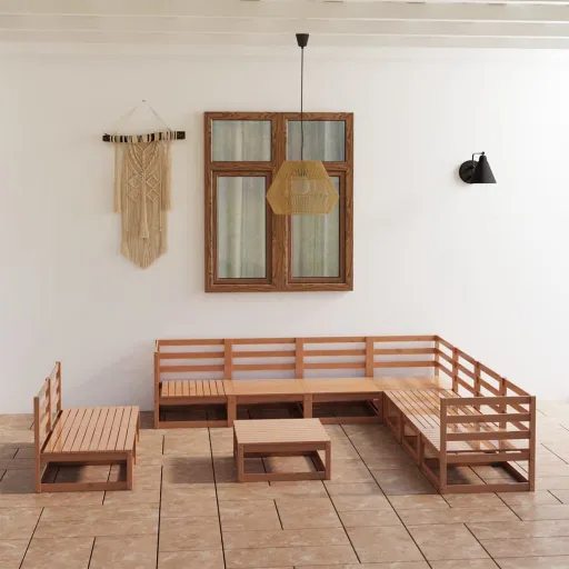 Conjunto Lounge de Jardim Pinho Sólido Castanho Mel (10 pcs)