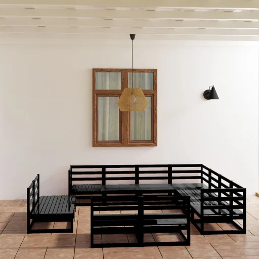 Conjunto Lounge de Jardim Pinho Maciço Preto (11 pcs)