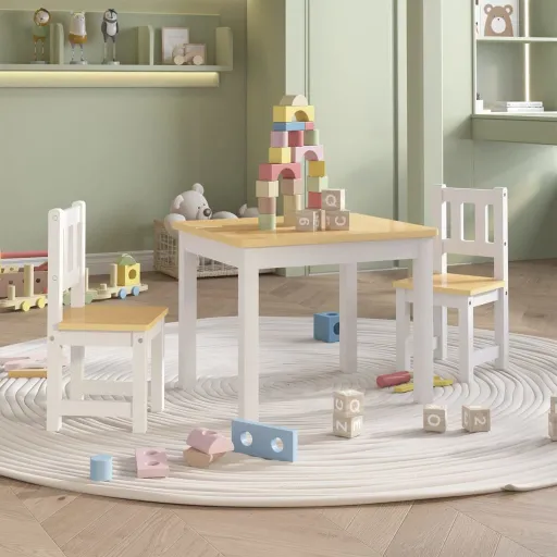 Conjunto Mesa e Cadeiras Infantil MDF Branco e Bege (3 pcs)