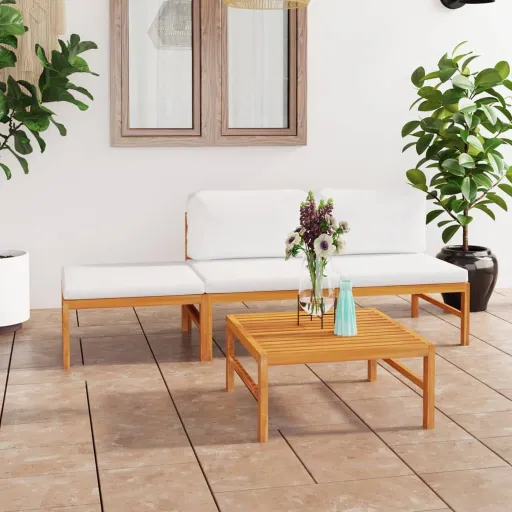 Conj. Lounge Jardim c/ Almofadões Cor Creme Teca Maciça (4 pcs)