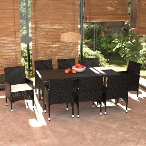 Conjunto de Jantar p/ Jardim c/ Almofadões Vime PE Preto (9 pcs)