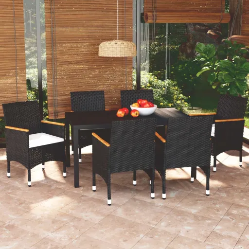 Conjunto de Jantar p/ Jardim c/ Almofadões Vime PE Preto (7 pcs)
