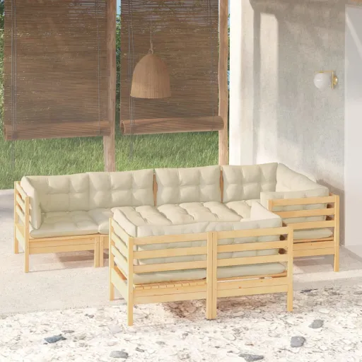 Conjunto Lounge Jardim c/ Almofadões Creme Pinho Maciço (7 pcs)
