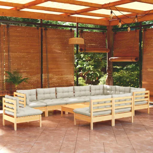 Conjunto Lounge Jardim c/ Almofadões Creme Pinho Maciço (11 pcs)