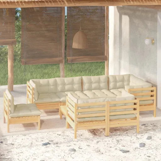 Conjunto Lounge Jardim c/ Almofadões Creme Pinho Maciço (9 pcs)