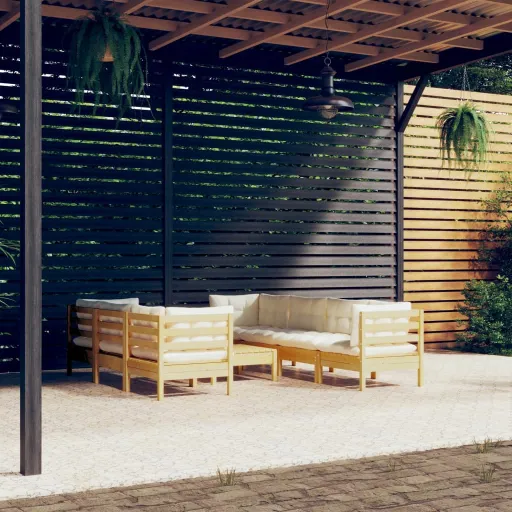 Conjunto Lounge Jardim c/ Almofadões Creme Pinho Maciço (8 pcs)