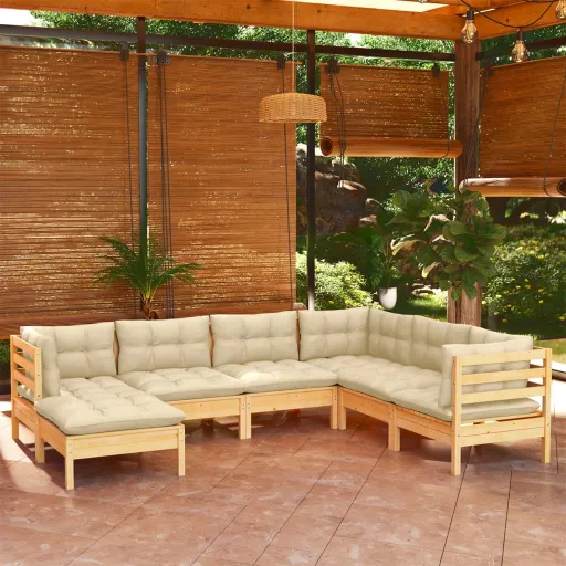Conjunto Lounge Jardim c/ Almofadões Creme Pinho Maciço (7 pcs)