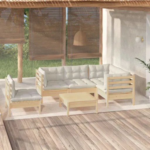 Conjunto Lounge de Jardim c/ Almofadões Cor Creme Pinho (6 pcs)