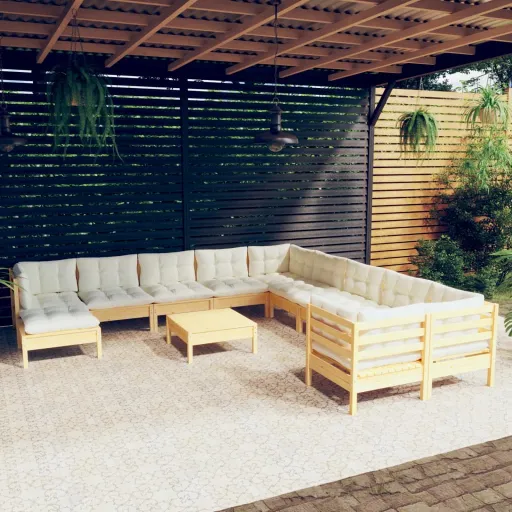 Conjunto Lounge de Jardim c/ Almofadões Cor Creme Pinho (12 pcs)
