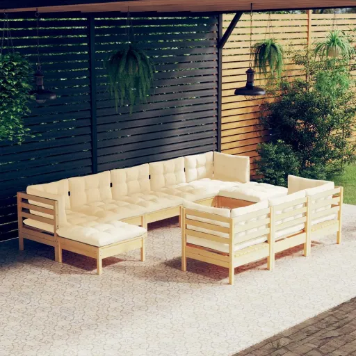Conjunto Lounge Jardim c/ Almofadões Creme Pinho Maciço (10 pcs)