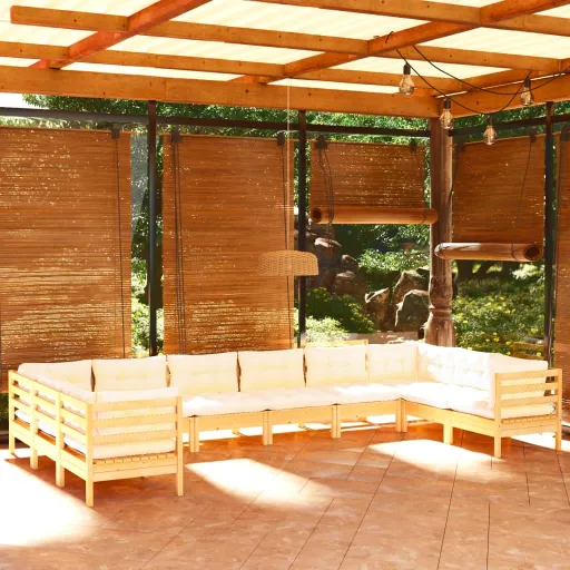 Conjunto Lounge de Jardim c/ Almofadões Cor Creme Pinho (10 pcs)