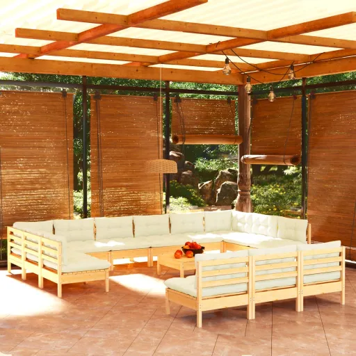 Conjunto Lounge Jardim c/ Almofadões Creme Pinho Maciço (14 pcs)