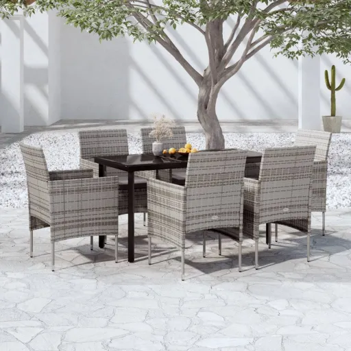 Conjunto de Jantar p/ Jardim c/ Almofadões Cinza e Preto (7 pcs)