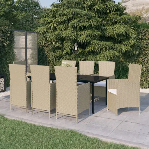 Conjunto de Jantar para Jardim com Almofadões Bege (9 pcs)
