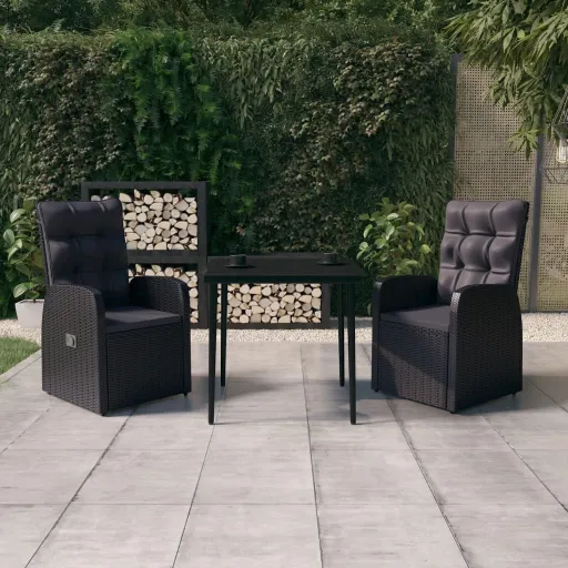 Conjunto de Jantar para Jardim com Almofadões Preto (3 pcs)