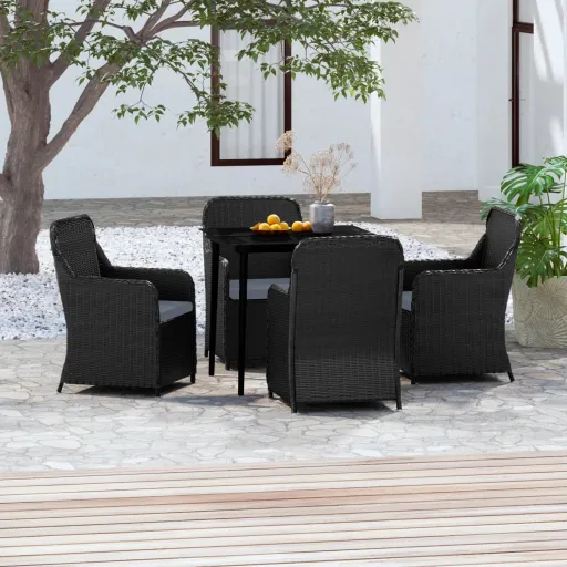 Conjunto de Jantar p/ Jardim c/ Almofadões Preto (5 pcs)