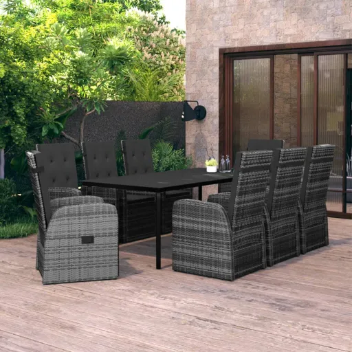 Conjunto de Jantar para Jardim com Almofadões Cinza (9 pcs)