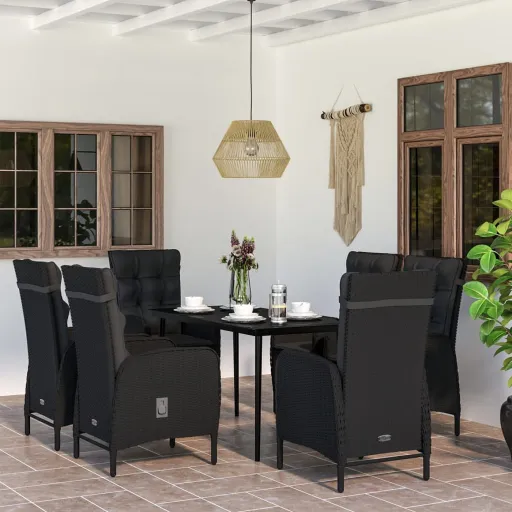 Conjunto de Jantar para Jardim com Almofadões Preto (7 pcs)