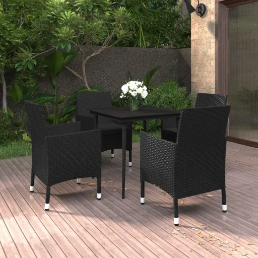 Conjunto de Jantar p/ Jardim c/Almofadões Vime PE e Vidro (5 pcs)