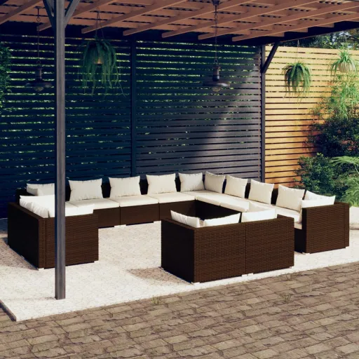 Conjunto Lounge de Jardim c/ Almofadões Vime PE Castanho (13 pcs)