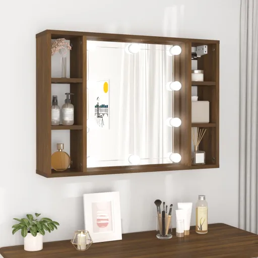 Armário Espelhado com LED 76x15x55 cm Carvalho Castanho