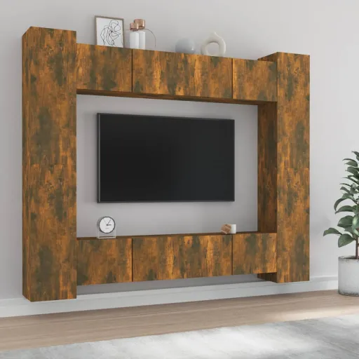 Conjunto Móveis de TV   Madeira Processada Carvalho Fumado (8 pcs)