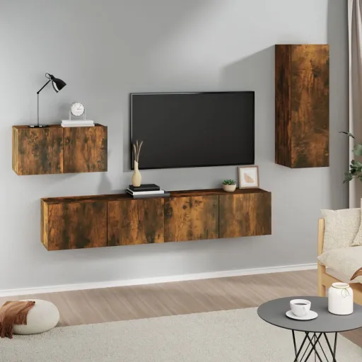 Conjunto Móveis de TV   Madeira Processada Carvalho Fumado (4 pcs)