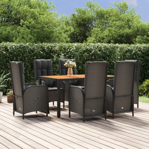 Conjunto de Jantar p/ Jardim c/ Almofadões Vime PE Preto (7 pcs)
