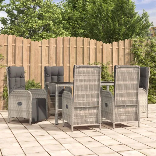 Conjunto de Jantar p/ Jardim c/ Almofadões Vime PE Cinza (7 pcs)