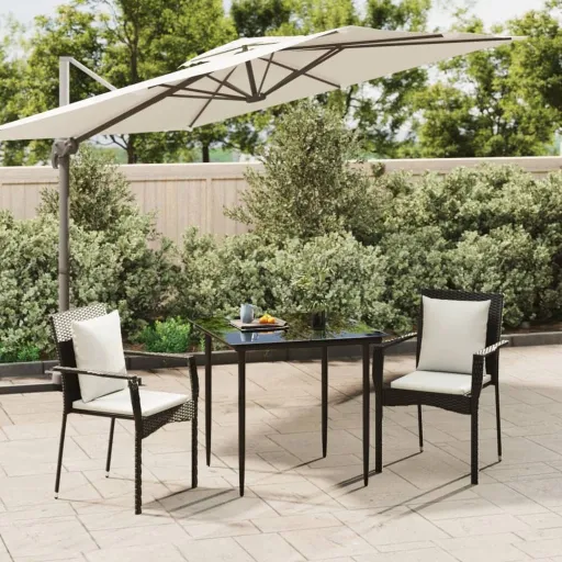 Conjunto de Jantar p/ Jardim c/ Almofadões Vime PE Preto (3 pcs)