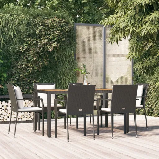 Conjunto de Jantar p/ Jardim c/ Almofadões Vime PE Preto (7 pcs)