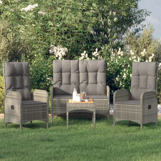 Conjunto de Jantar p/ Jardim c/ Almofadões Vime PE Cinza (4 pcs)