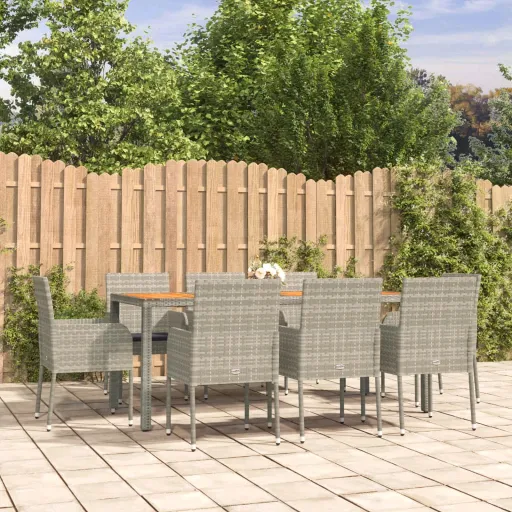 Conjunto de Jantar p/ Jardim c/ Almofadões Vime PE Cinza (9 pcs)