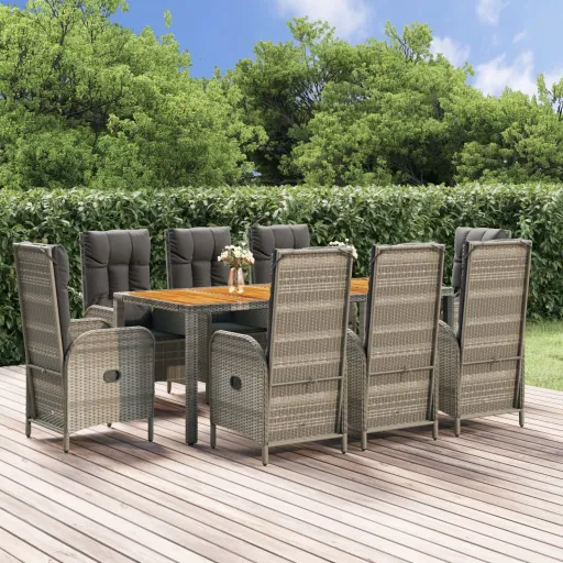 Conjunto de Jantar p/ Jardim c/ Almofadões Vime PE Cinza (9 pcs)