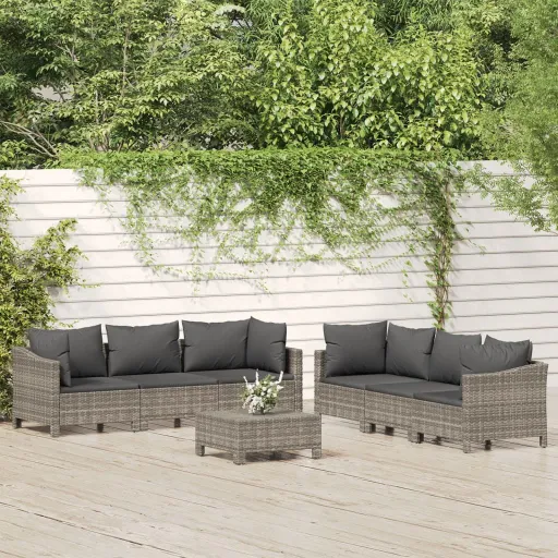 Conjunto Lounge de Jardim c/ Almofadões Vime PE Cinzento (7 pcs)